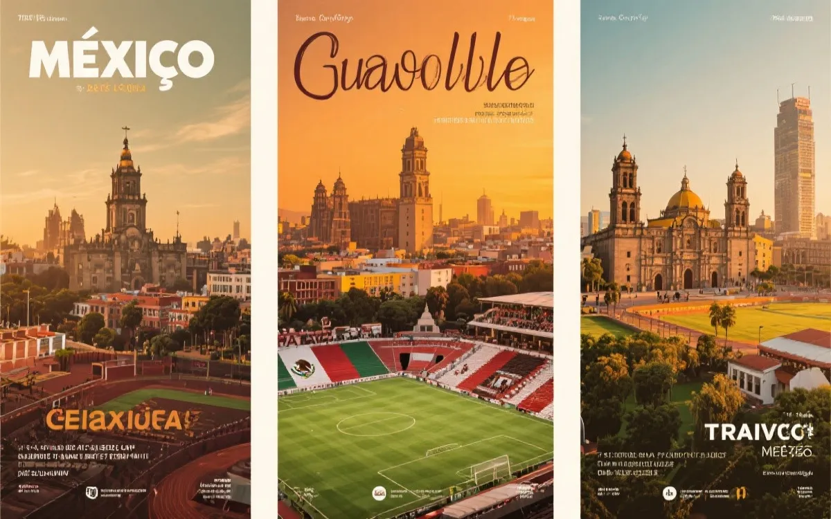 墨西哥三座世界杯承办城市与球场的旅行海报风格拼贴