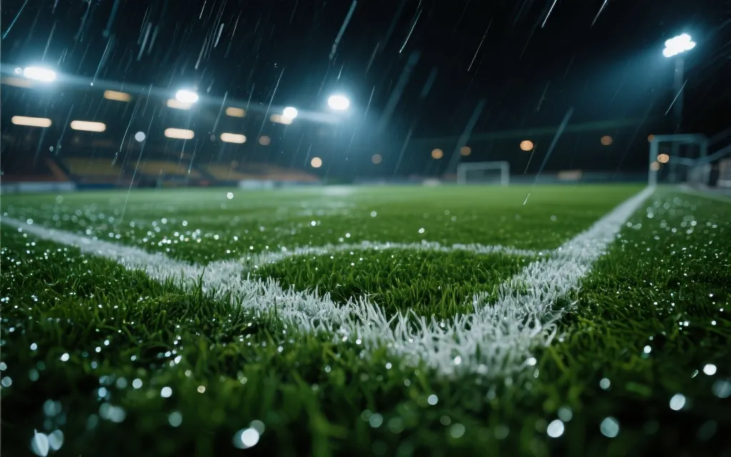比赛夜晚的球场与天气元素：风雨与灯光，象征边缘信息影响比分